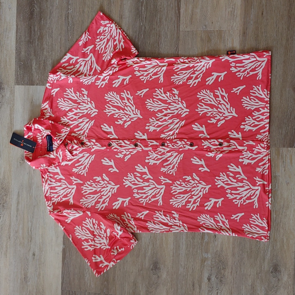 Margaritaville Coral Reef Print Button-Down Shirt - Coral & White